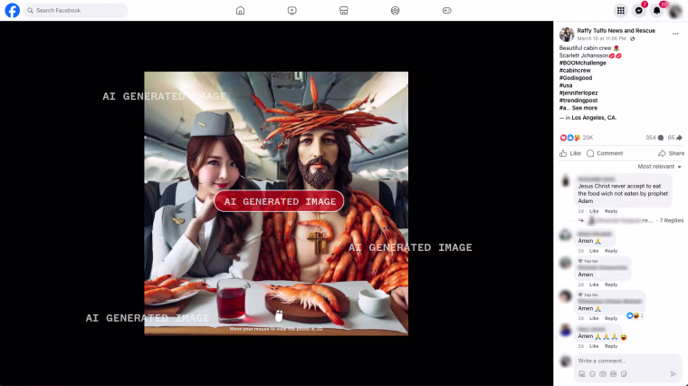 A screenshot of AI-generated art featuring a female flight attendant and a version of Jesus clothed in shrimp