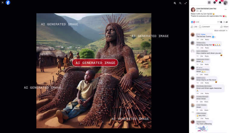 A screenshot of an AI-generated image of a young African boy sitting next to a sculpture of Jesus Christ made out of nails