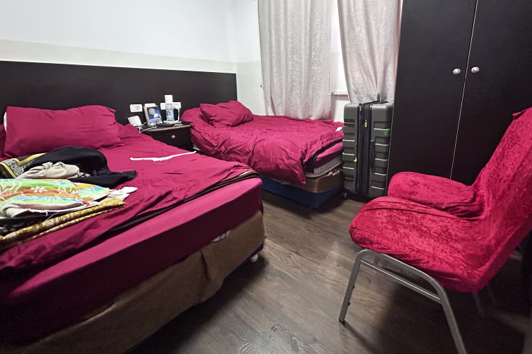 The room in the guest house where Manal Abu Shaban and Reem Abu Obedia are staying after their cancer treatment.