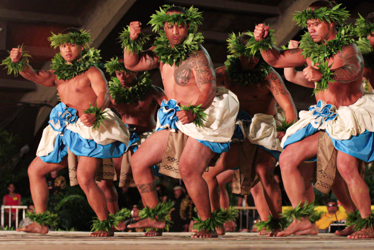 Dancers perform an ancient hula at the annual Merrie Monarch Hula Festiva