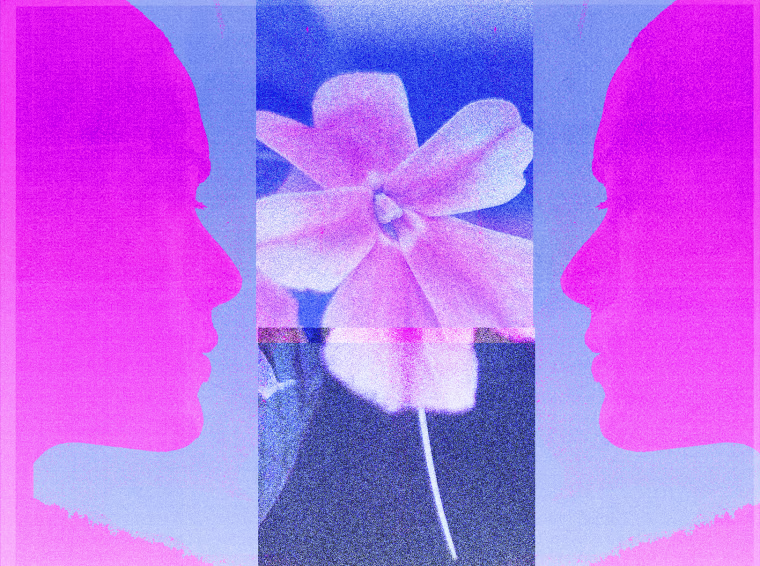 Illustration of two abstract faces on either side of a blooming flower 