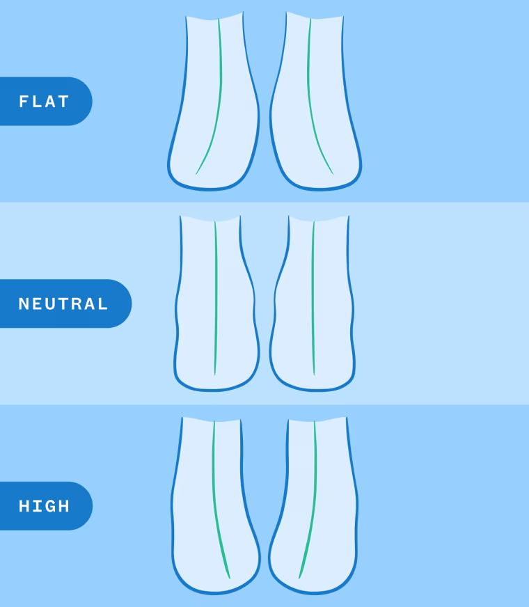 A graphic showing what the position of the heels and ankles look like for each arch type.