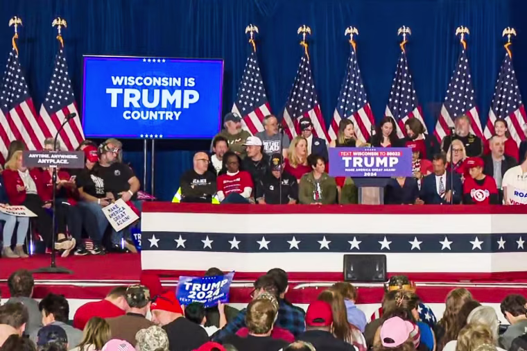 Empty lecterns onstage at the Hyatt Regency in Green Bay, Wisc., ahead of a campaign event on April 2, 2024. 
