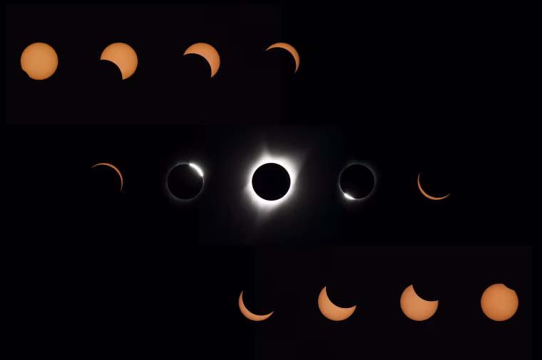 This composite image of thirteen photographs shows the progression of a total solar eclipse