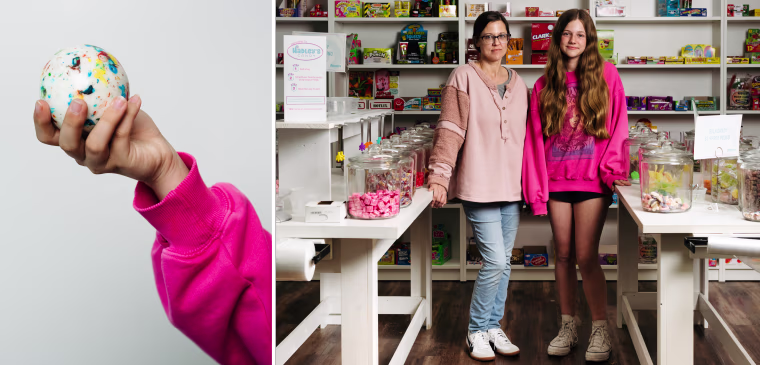 Hadley Warren, 13, and her mom, Morgan, at Hadley’s Candy Shoppe in Perryville. Hadley decided to stock on-theme sweets to sell during the eclipse.