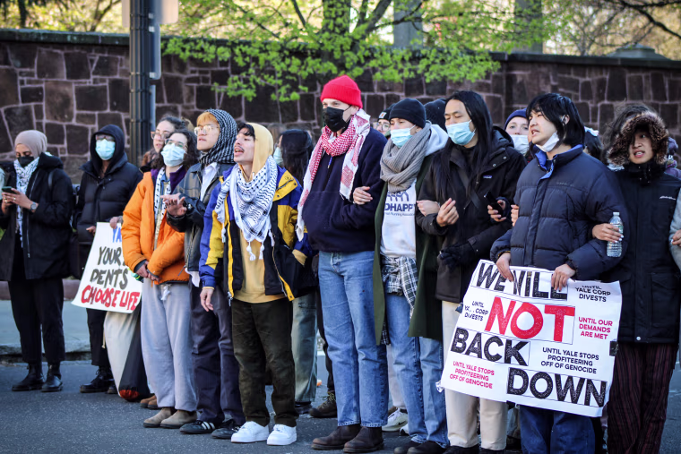 After a third night of camping out, Police officers arrested protesters in support of the Palestinian cause on Yale University’s campus on April 22, 2024.