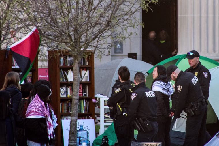 After a third night of camping out, Police officers arrested protesters in support of the Palestinian cause on Yale University’s campus on April 22, 2024.