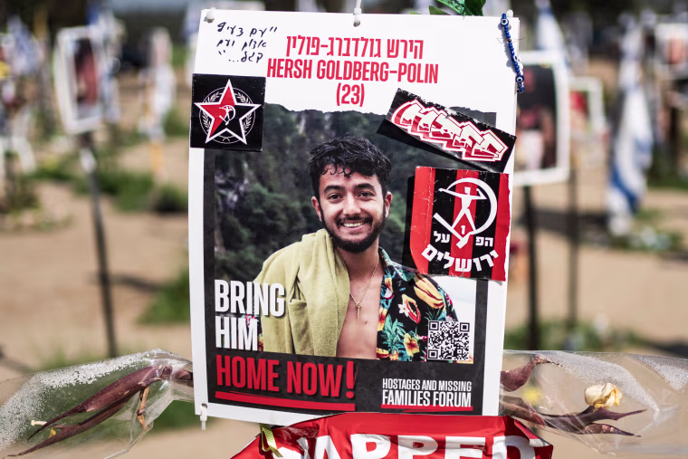 A poster depicting Israeli-American hostage Hersh Goldberg-Polin is displayed