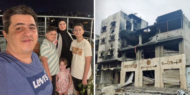 Left, Anas Al Borno with his wife, Yasmine, and children Yazan, Abdel Rahman and Julia before the war. Right, his company's Gaza City warehouse after it was bombed in the fall.