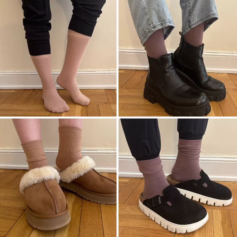 A woman wearing Skims Everyday Crew Socks with high-top sneakers, boots and slippers.