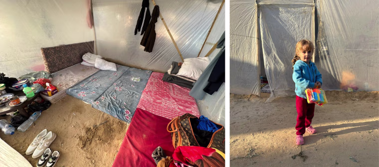 Left, Anas Al Borno's makeshift tent in Rafah. His daughter Julia, 3, right, in front of the tent in February, has since fled to Egypt.