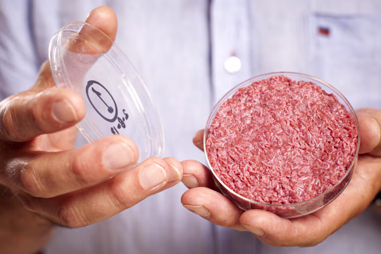 A person holds a lab-grown meat package.