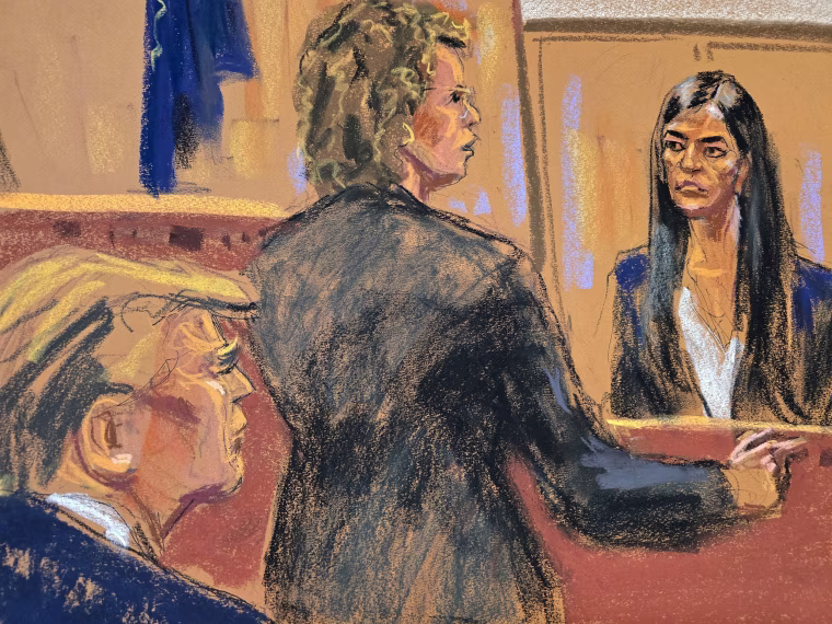 Courtroom sketch of Donald Trump watching as former Director of Oval Office Operations Madeleine Westerhout is cross-examined by defense attorney Susan Necheles