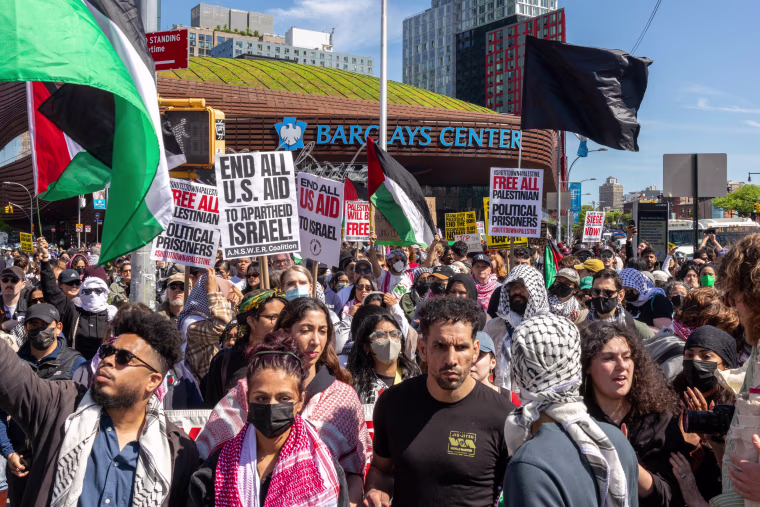 Pro-Palestinian demonstrators outside Barclays Center in Brooklyn, N.Y., on May 11, 2024.