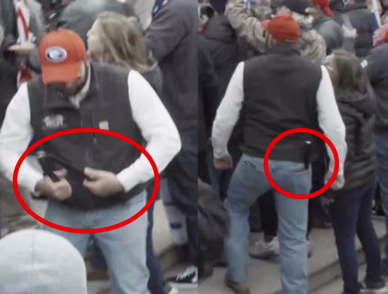 A side by side of Hand holding the metal fencing and the object in his back pocket