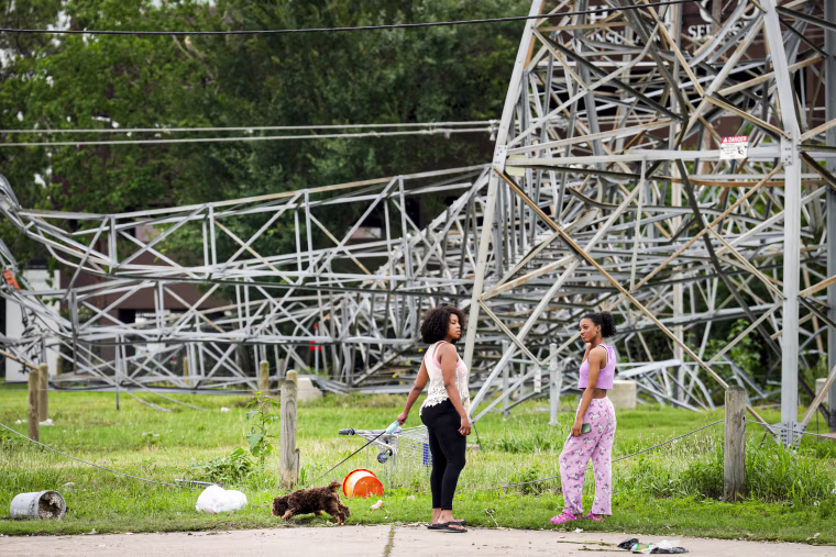 A fallen transmission line tower.