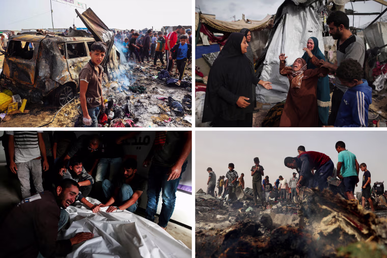 Palestinians gather at the site of an Israeli strike in Rafah on May 27, 2024.