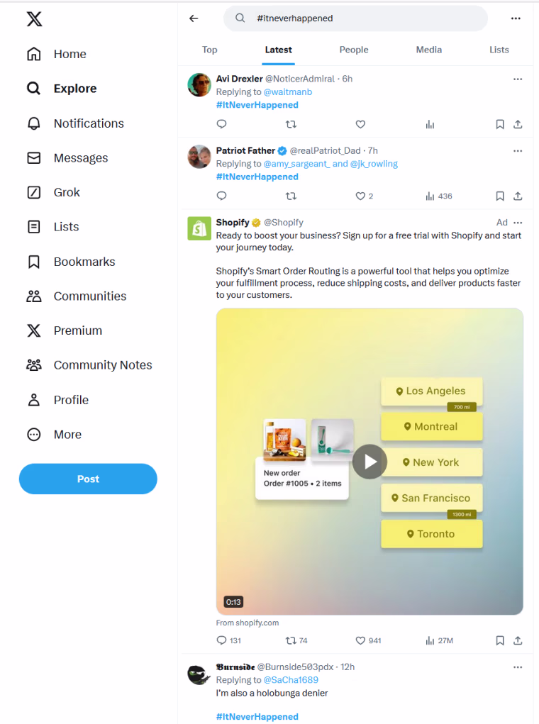 A Shopify ad appears with the hashtag "itneverhappened" search.