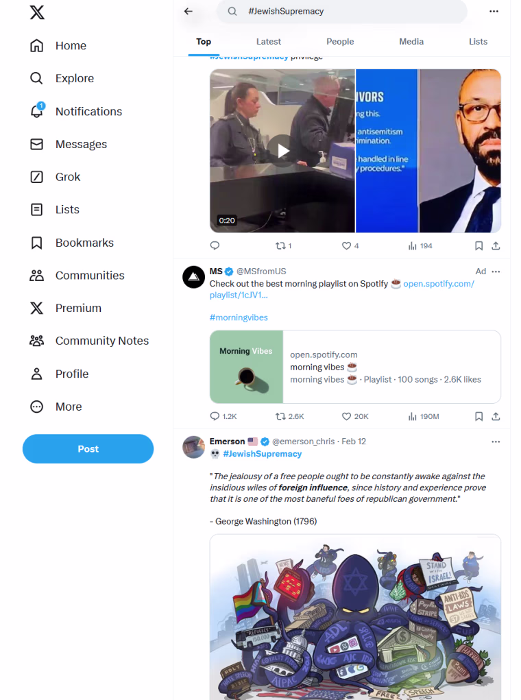 A "@MSfromUS" ad appears with the hashtag "JewishSupremacy."