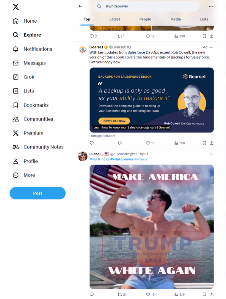 A Gearset ad appears with the "whitepower" hashtag search.