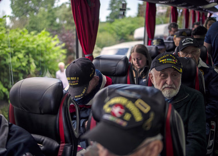 Pvt. Gideon Kantor on a bus following a ceremony in Benouville, France, on June 5, 2024.