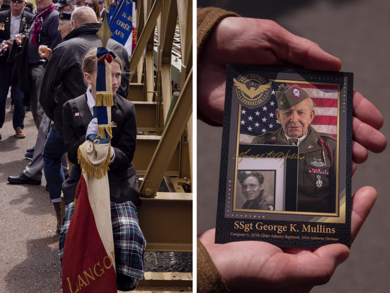 A diptych of a young girl at the ceremonies and framed photos of Mullins