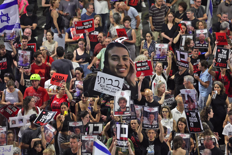 Relatives and supporters of Israeli hostages call for their release in Tel Aviv on June 8, 2024.