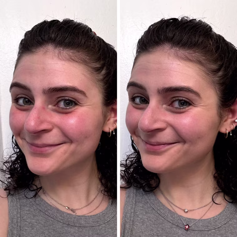 A woman before (left) and after (right) applying the Tower 28 SunnyDays SPF 30 Tinted Sunscreen in shade 13, La Cienega.