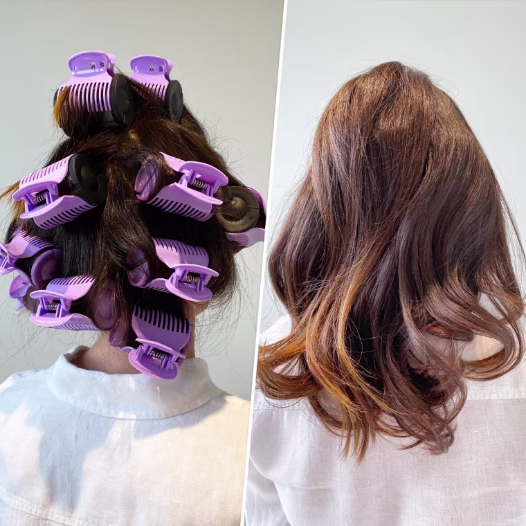 Before and after images of writer Molly Fahner Calhoun using Conair hot hair curlers