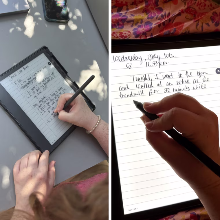 A side-by-side image: (Left) A woman hand writing a journal entry on Amazon's Kindle Scribe in sunny lighting on a grey table, detailing things they like and things to note about the Scribe. (Right) A close-up shot of someone writing a journal entry in the Kindle Scribe in dark lighting on a floral bedding backdrop.