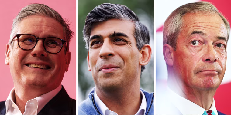 From left: Labour Party leader Keir Starmer, U.K. Prime Minister Rishi Sunak and Reform UK leader Nigel Farage.