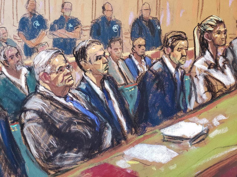 A courtroom sketch showing Bob Menendez, left, Nadine Menendez, right, and in between them his lawyers