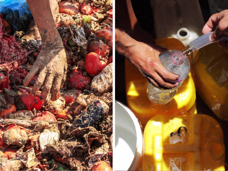Left: Children search through garbage for food in Deir al-Balah, Gaza, on Monday. Right: Clean drinking water is distributed in Deir al-Balah last month.