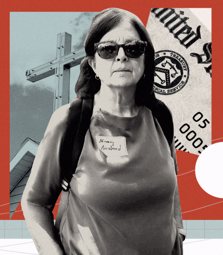 Photo collage of Nancy Breland, a cut-out image of a social security card, and a church