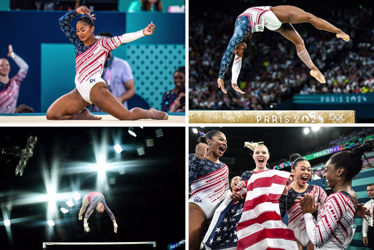 Simone Biles, Jade Carey, Jordan Chiles, and Sunisa Lee of Team USA compete in artistic gymnastics women's team and all around finals at the Paris Olympics 2024.