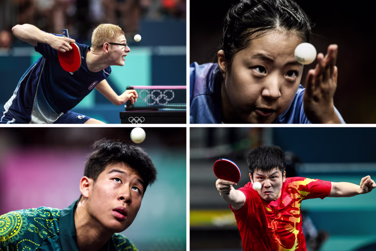 France's Felix Lebrun, South Korea's Shin Yubin, Australia's Nicholas Lum and China's Fan Zhendong play table tennis.