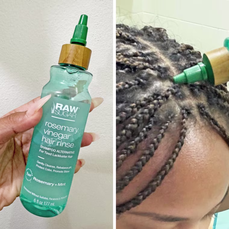 On the left, a woman applies the Raw Sugar Rosemary Vinegar Hair Rinse directly on her scalp between braids. On the right, the woman holds the rinse in her hands.