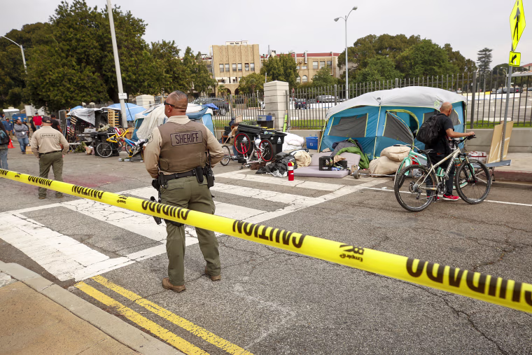 The VA is clearing out the homeless camp on San Vicente Blvd in front of the Veterans campus.