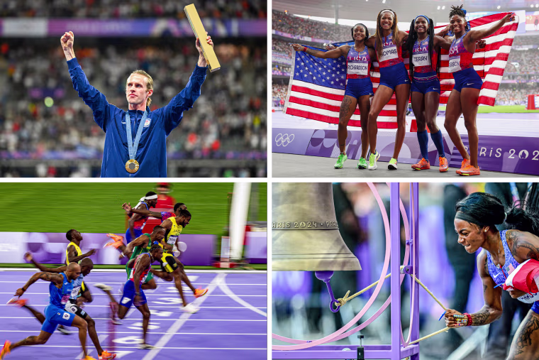 Split composite of Clockwise: Cole Hocker; Sha'carri Richardson, Twanisha Terry, Gabrielle Thomas and Melissa Jefferson; Noah Lyles on Men's 100m Final; Sha'Carri Richardson.