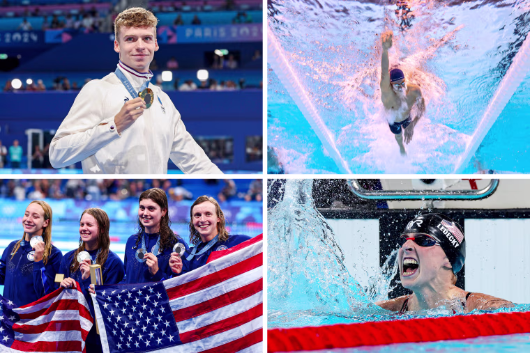 Split composite of Clockwise: Gold medalist Léon Marchand; Léon Marchand swims; Claire Weinstein, Paige Madden, Katie Ledecky and Erin Gemmell; Gold medalist Katie Ledecky.