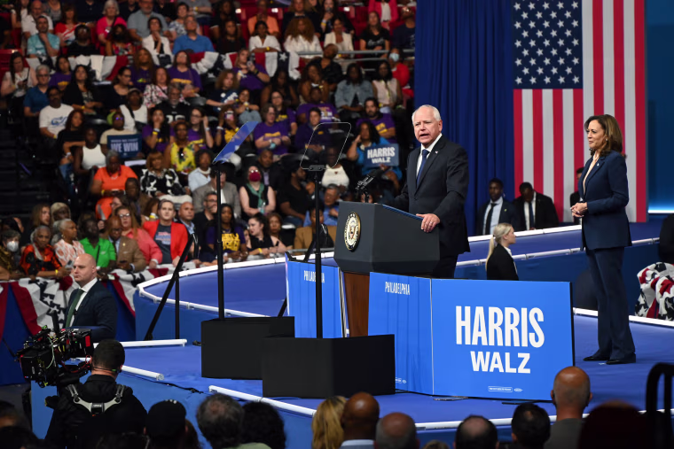 Kamala Harris and Minnesota Gov. Tim Walz at campaign rally in Philadelphia