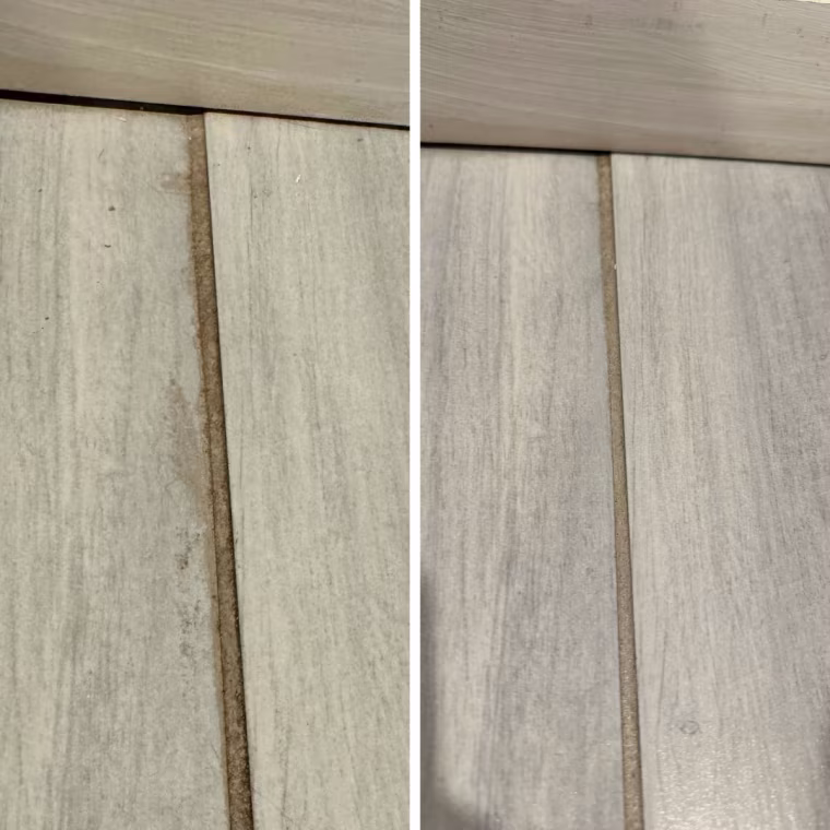 Photos of tile floor with grout before and after cleaning with Zep grout cleaner.