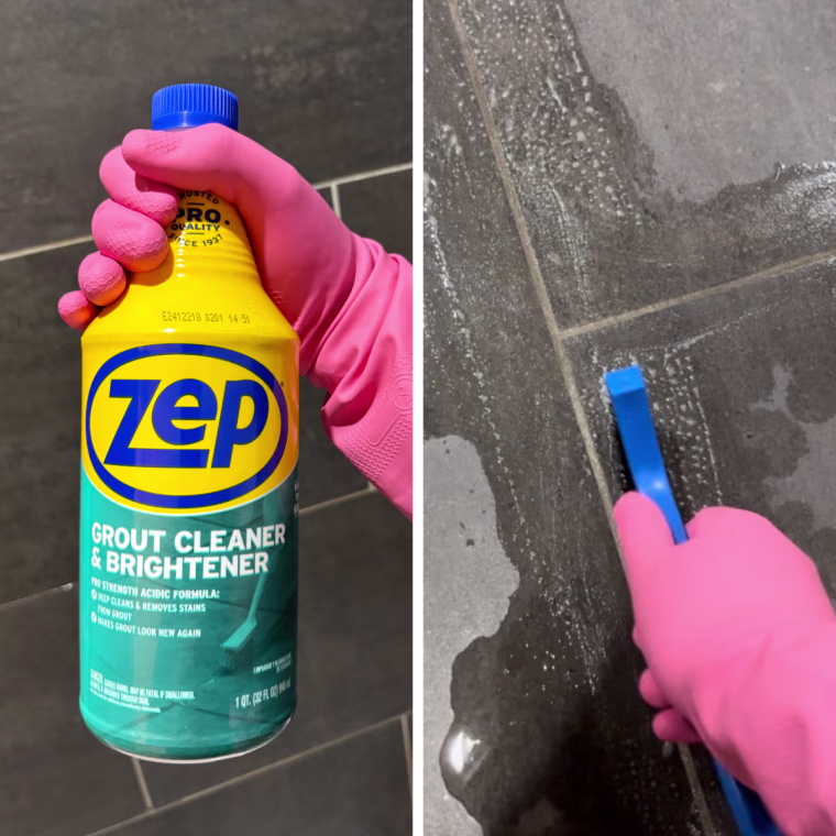 Person with cleaning gloves using cleaning brush to clean grout on the floor.