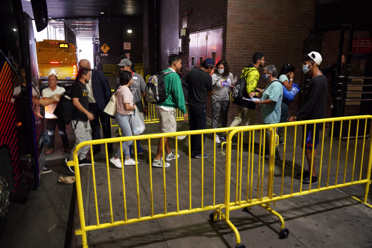 Bus carrying migrants arrives at the Port Authority terminal in New York City