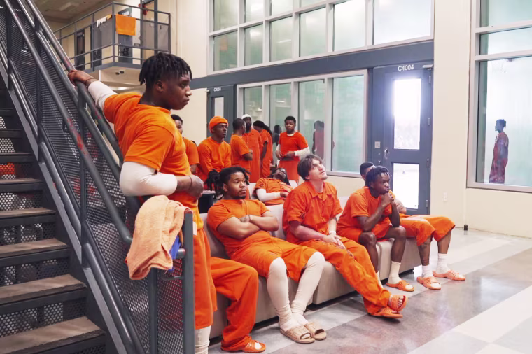 Members of the Orleans Parish jail’s new model pod watch a television show together.
