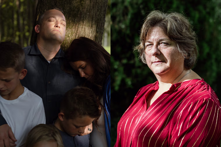 David Bennett Jr and his family hugging near a tree; Ann Faucette.