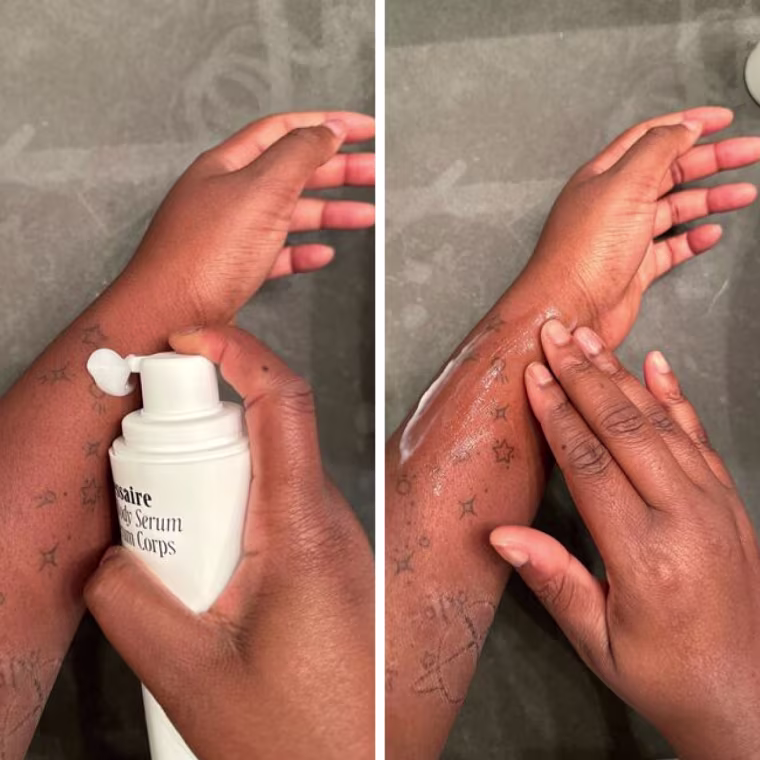 On the left, a woman pumps the Nécessaire body serum on her arm. On the right, she massages the serum into her skin.