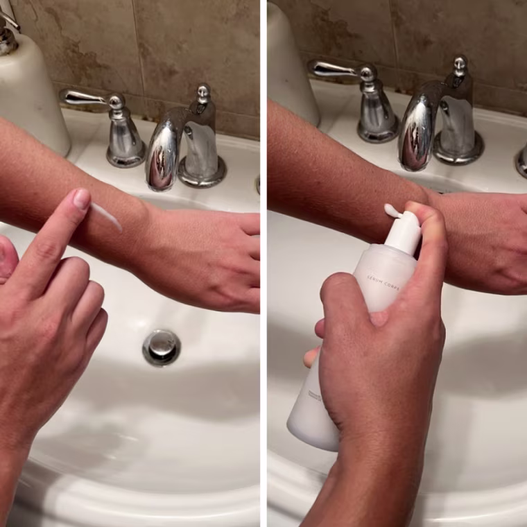 On the left, a woman swipes the milky-colored Omorovizca Body Serum on her left arm. On the right, she adds a pump of the serum on the same arm.
