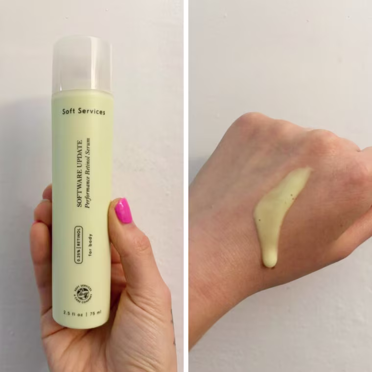 On the left, a woman holds up her Soft Services body serum. On the right, she dispenses the liquid-like lime green serum onto her hand.