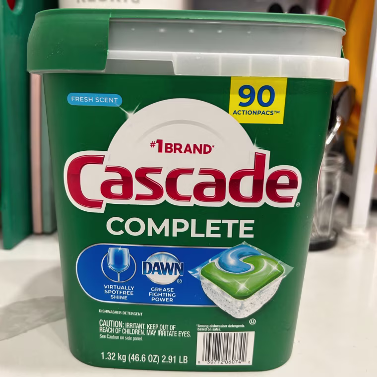 Large container of Cascade Complete dishwasher detergent pods